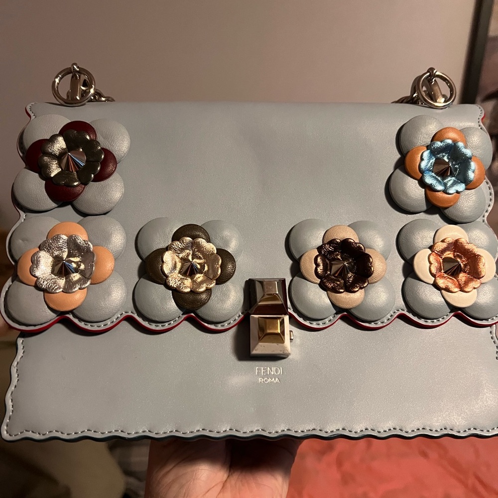 Fendi Blue Leather Flowerland Kan I Shoulder Bag
